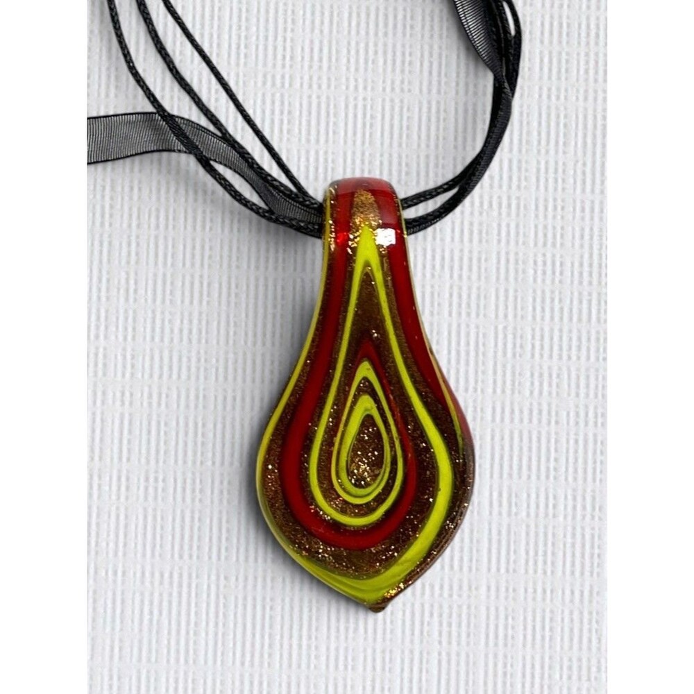 Handmade Art Glass Teardrop Pendant Necklace Red Yellow Spiral Aventurine Core